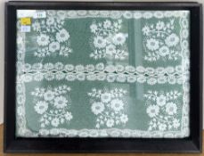 An early 19th century hand made lace sampler, framed and glazed with performance provenance detailed