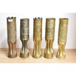 Five World War I & II French brass 75Dec trench art shell cases, each with embossed and hand-