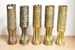 Five World War I & II French brass 75Dec trench art shell cases, each with embossed and hand-