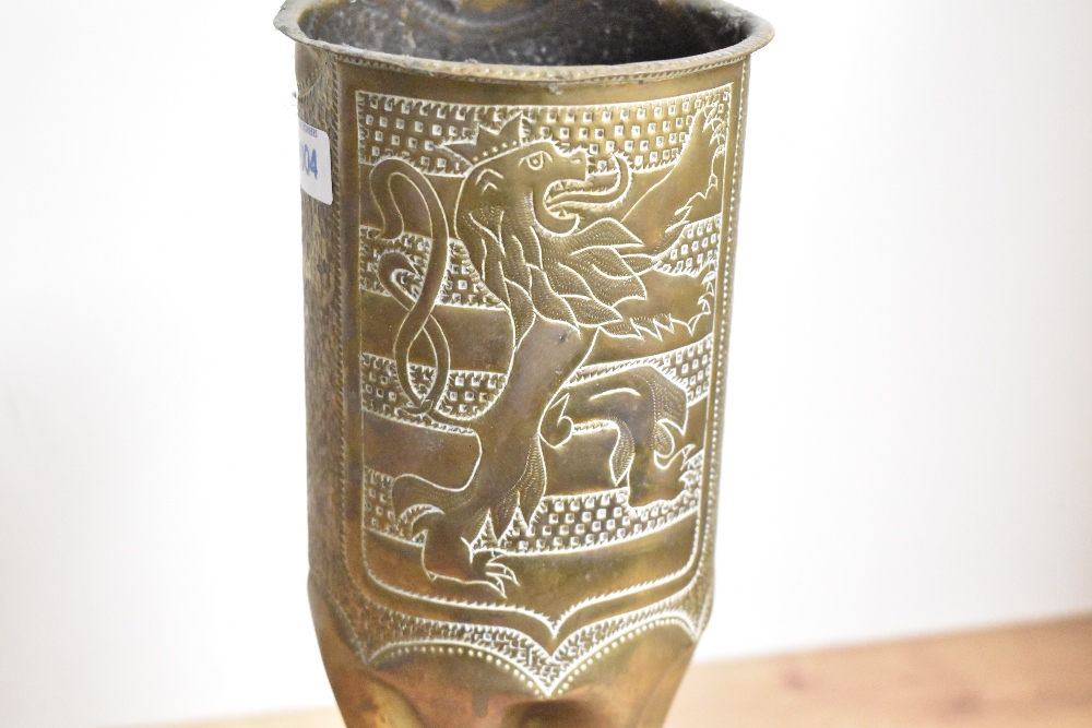 An American World War II brass trench art Howitzer shell, decorated with a lion rampant and stylised - Image 2 of 3