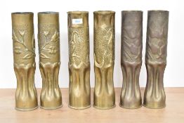 Three pairs of World War I French Brass 75DEC trench art shell cases, each embossed with stylised