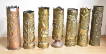 A group of seven French and British World War I & II brass trench art shell cases, various, each
