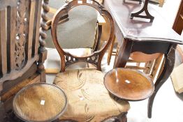 A Victorian salon chair in need of reupholstery and two reproduction mahogany wine tables