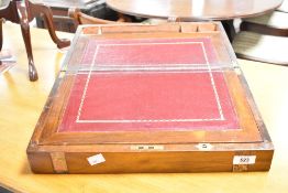 A Victorian mahogany lapdesk having brass inlay (af) with fitted interior, approx. width 40cm