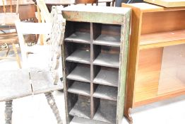 A vintage 'pigeon hole' style shelving unit, part stained, approx. Dimensions H98 W46 D26cm