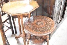 Two Victorian occasional tables including octagonal with triple turned supports and carved gipsy