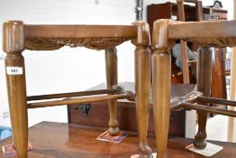 A pair of traditional rush seated stools having twin stretcher supports, approx 37 x 30cm, height