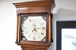 A 19th Century oak long case clock having square hood containing 30hr movement with painted dial for