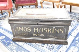 A 19th Century travel trunk, painted in maritime theme , and named to front 'Amos Haskins, Bosun',