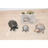A sweet selection of 20th-century turtle boxes, to feature a Wade example, a brass example and a