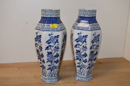 Two Victorian Forester's Limited 'K'ang Hsi' ware ceramic vases, of tall hexagonal form with blue