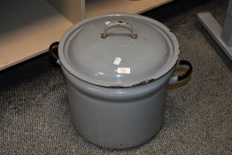 A large vintage porcelain enamel stockpot with lid, featuring a light grey finish, unmarked,