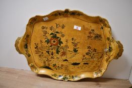Thought to be 19th-century decorative Papier Mache tray, having Oriental-style decoration of two