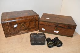 Two 19th-century hard wood boxes, to feature a walnutTunbridge ware-style sewing box, with