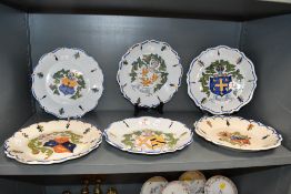 Six 19th/20th-century French-style ceramic armorial plates, having scalloped rims and featuring hand