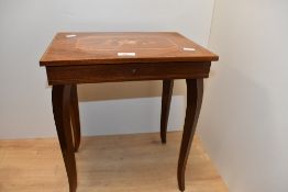 A small vintage Italian Sorrento ware-style musical table, featuring inlaid floral detailing to