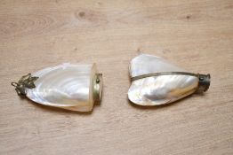 Two Victorian mother-of-pearl shell scent/snuff bottles, both with white metal fittings, one example