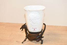 An unusual late 20th-century Albany Fine China lustre ware commemorative goblet upon a patinated