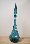 A mid 20th-century Italian Empoli blue glass genie bottle, featuring a tall teardrop-shaped
