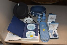A selection of 20th-century Wedgwood blue jasperware, to feature a desk pen tray with a white bas-