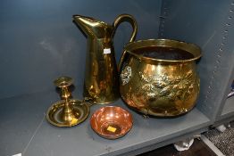 A small selection of late 19th to early 20th-century brassware, comprising a large jardinière with