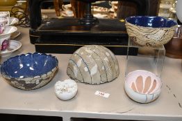 A selection of 20th-century studio pottery bowls, to feature three abstract slab-formed bowls with