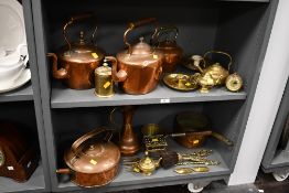 A selection of late 19th to early 20th-century brass and copper ware, to feature three copper