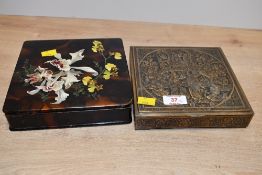 An Aesthetic Period Papier mache/lacquer-style box, featuring hand painted Orchid detailing; sold