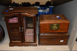 Three vintage wooden boxes, to include a jewellery cabinet featuring clear plastic doors and