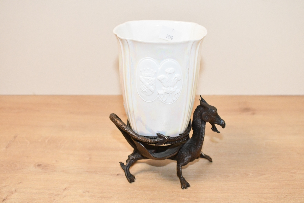 An unusual late 20th-century Albany Fine China lustre ware commemorative goblet upon a patinated - Image 2 of 5