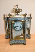 An unusual mid-20th-century Chinese cloisonné enamel and brass mantel clock, featuring an urn-shaped