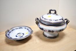 A Victorian gilt enriched flow blue tureen and pedestal dish, marked Indian stone china with