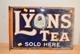 A vintage Lyon's Tea double-sided enamel advertising sign, 45cm x 30cm, condition is consistent with
