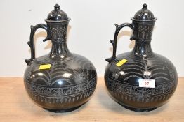 Two presumed 19th to early 20th-century Indian black earthenware jugs, having the remnants of inlaid