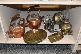 A selection of late 19th to 20th-century sundry metal ware, to feature two copper stove top kettles,