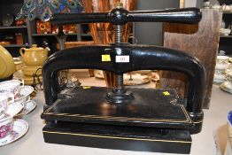 Thought to be large 19th-century French-style black painted and gilt wrought iron bookbinding press,