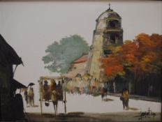 Edgardo Saemiento (20th Century) Oil on canvas, a vibrant Eastern temple street scene in autumnal