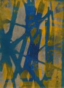Jess Levine (Contemporary) Gelli-plate Monoprint, overlapping shapes in complimentary blue and