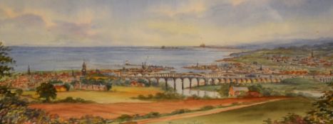M M Hay (British 20th Century) Watercolour 'Berwick upon Tweed', a hillside study of the coastal