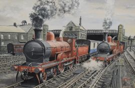 G S Cooper (British 20th Century) Watercolour 'Furness Railway Carnforth c.1920', depicting a pair