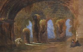 A 20th Century watercolour, a figure seated in contemplation beneath architectural ruins, unsigned