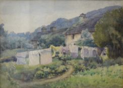 C Marr (British 20th Century) Watercolour, a cottage garden in summer with washing hung out to
