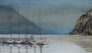 Len Taylor (British Contemporary) Watercolour 'Lake Garda', a study of docked sail boats on the