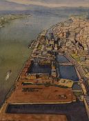 Carol Barton (British 20th Century) Watercolour 'Liverpool: A Gull's eye View', the Royal Albert