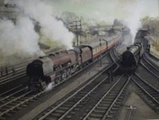 David French G.R.A (British b.1944) Acrylic on board '46229 Duchess of Hamilton at Lancaster', an