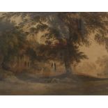 A 19th Century watercolour landscape, a pastoral scene with cattle and large tree to foreground,