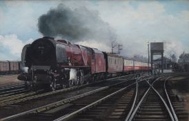 David French G.R.A (British b.1944) Acrylic on board, an accomplished depiction of a steam train