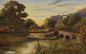 W. Haines (19th Century) oil on canvas landscape, a village river scene with stone bridge at sunset,
