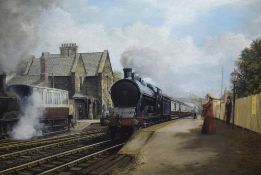 David French G.R.A (British b.1944) Acrylic on board, an accomplished depiction of a steam train