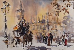 A Contemporary watercolour, a 19th century London street scene depicting the houses of parliament,